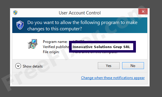 Screenshot where Innovative Solutions Grup SRL appears as the verified publisher in the UAC dialog
